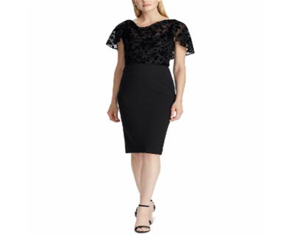 Ralph Lauren Women's Floral Cap Sleeve Jewel Neck Knee Length Evening Sheath Dress Black Size 12