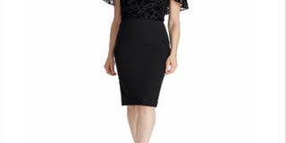 Ralph Lauren Women's Floral Cap Sleeve Jewel Neck Knee Length Evening Sheath Dress Black Size 12