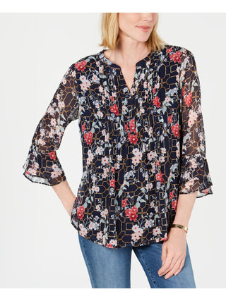 Charter Club Women's Floral Long Sleeve Tunic Cocktail Top Blue Size Small