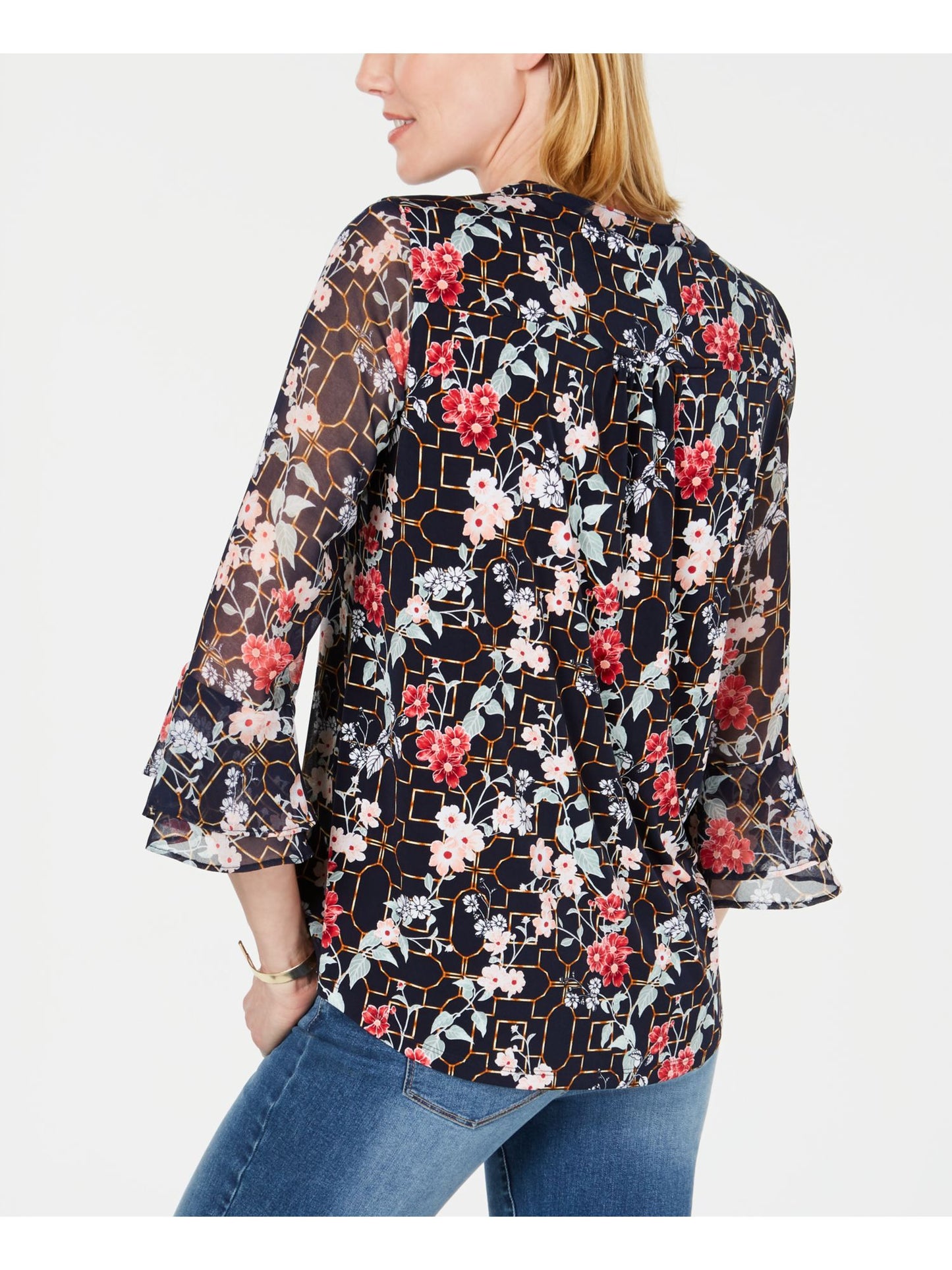 Charter Club Women's Floral Long Sleeve Tunic Cocktail Top Blue Size Small