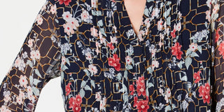 Charter Club Women's Floral Long Sleeve Tunic Cocktail Top Blue Size Small