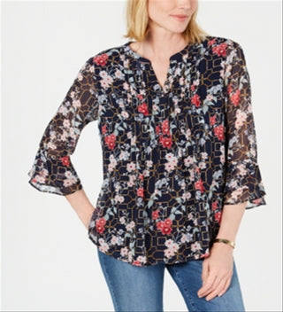 Charter Club Women's Floral Long Sleeve Tunic Cocktail Top Blue Size Small