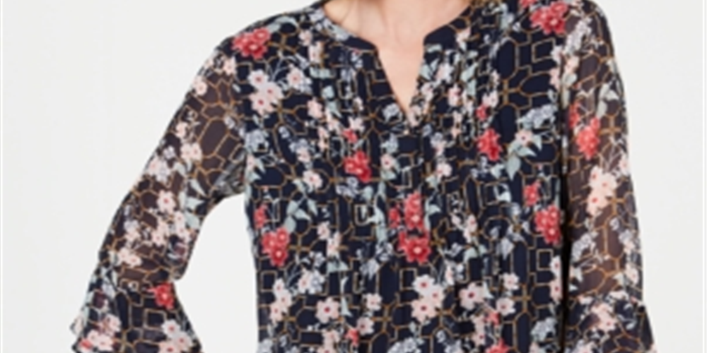 Charter Club Women's Floral Long Sleeve Tunic Cocktail Top Blue Size Small