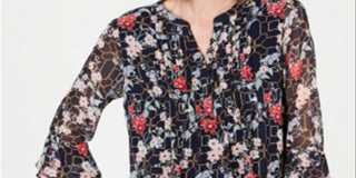 Charter Club Women's Floral Long Sleeve Tunic Cocktail Top Blue Size Small