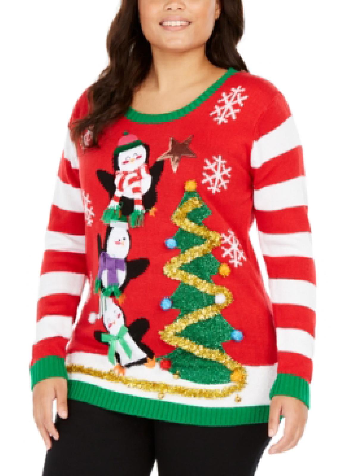 Planet Gold Women's Trendy Plus Embellished Holiday Penguins Sweater Red Size 2X