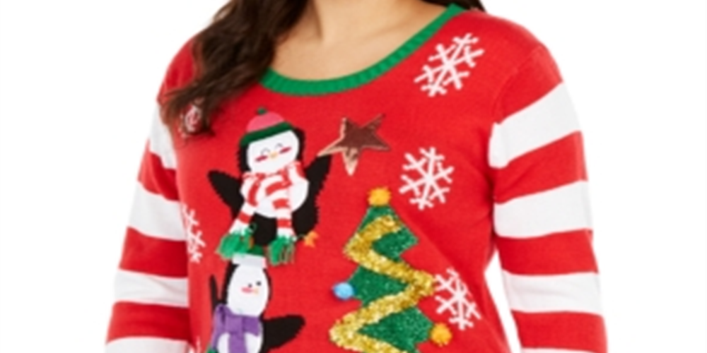 Planet Gold Women's Trendy Plus Embellished Holiday Penguins Sweater Red Size 2X