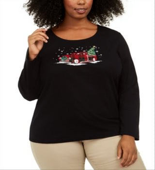 Karen Scott Women's Plus Size Holiday Truck Cotton Top Deep Black  Size 1X