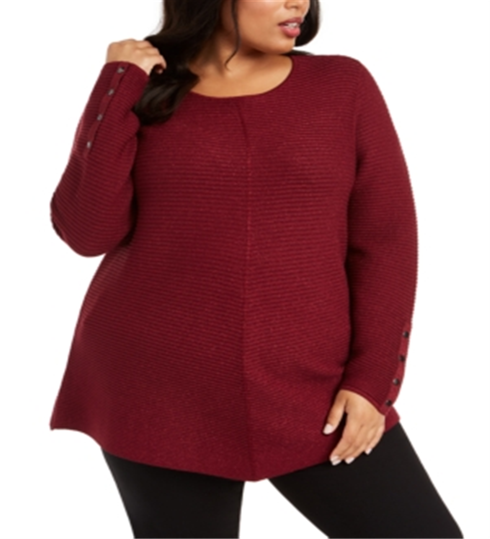 Alfani  Women's Plus Size Metallic Ribbed-Knit Tunic Sweater  Malbec Lurex Red Size 2X