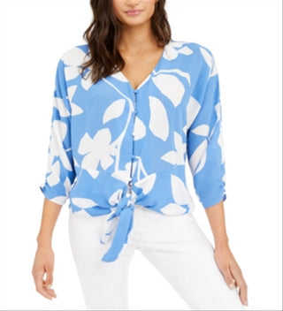 Alfani Printed Tie-Front Blouse Blue Size XXL