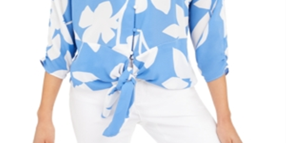 Alfani Printed Tie-Front Blouse Blue Size XXL