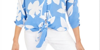 Alfani Printed Tie-Front Blouse Blue Size XXL