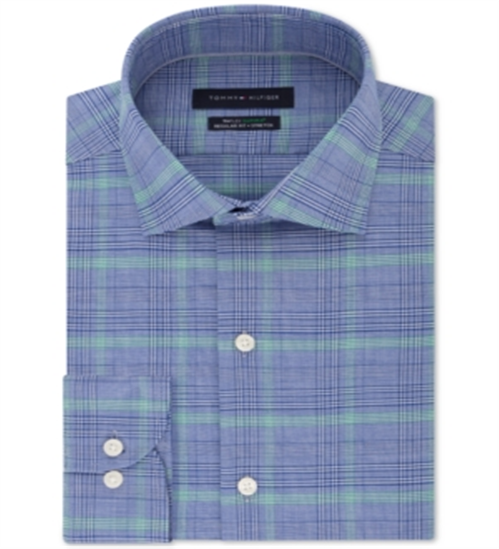 Tommy Hilfiger Men's Classic Regular Fit Non Iron THFlex Supima Performance Stretch Blue Check Dress Shirt Blue Size 16X34-35