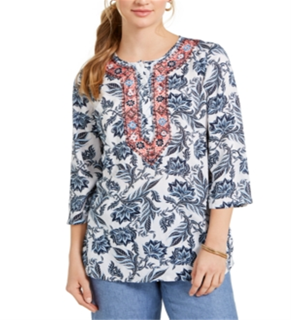 Charter Club Women's Printed Embroidered Tunic White Size Small