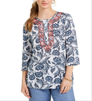 Charter Club Women's Printed Embroidered Tunic White Size Small