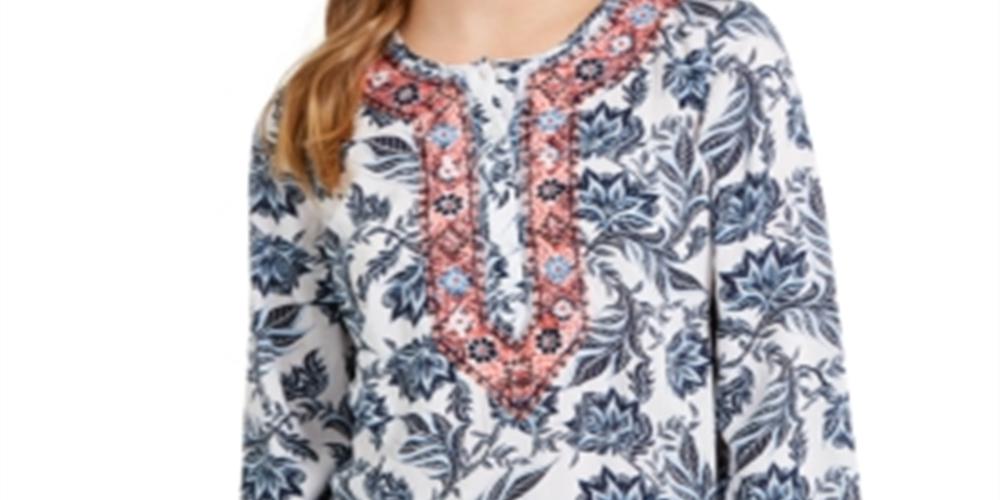 Charter Club Women's Printed Embroidered Tunic White Size Small