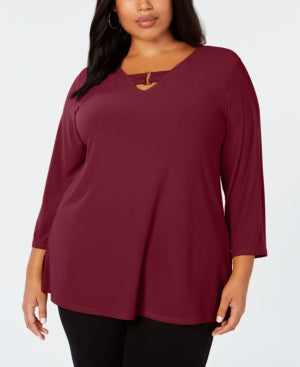 Alfani Women's Plus Hi-Low Keyhole Blouse Red Size 3X