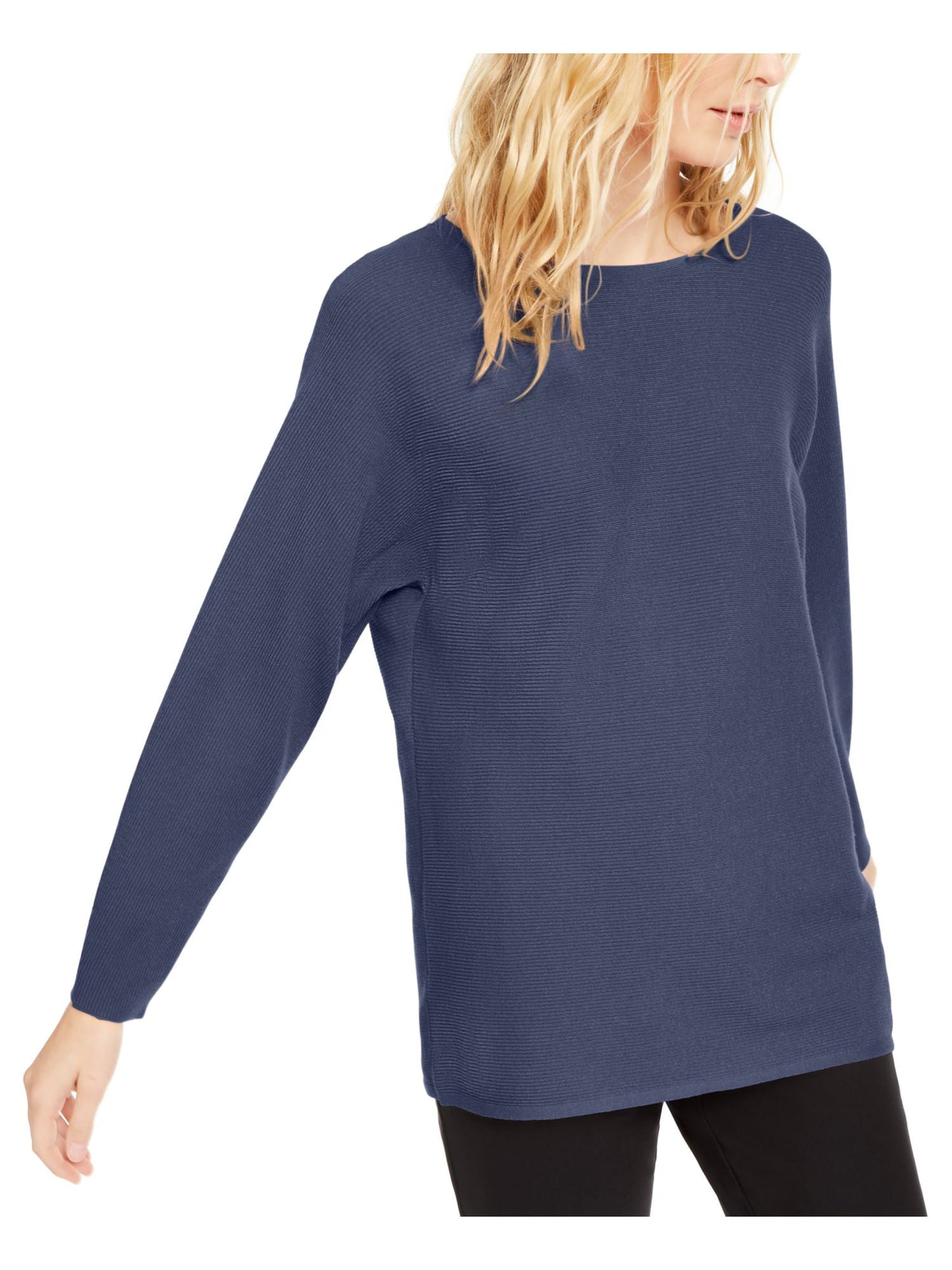 INC International Concepts Women's Ribbed Knit Dolman Sleeve Jewel Neck T-Shirt Sweater Blue Size Medium