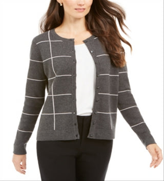 Charter Club Women's Windowpane Button Cardigan  - Charcoal Heather Combo Gray Size Large