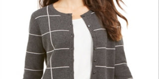 Charter Club Women's Windowpane Button Cardigan  - Charcoal Heather Combo Gray Size Large