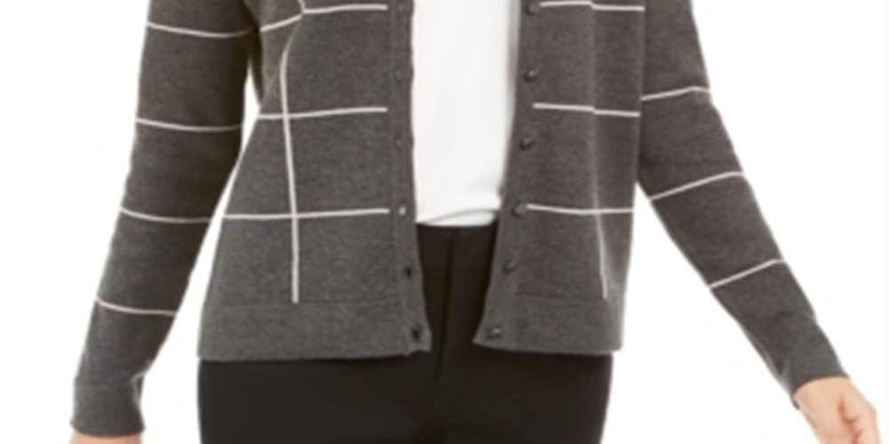 Charter Club Women's Windowpane Button Cardigan  - Charcoal Heather Combo Gray Size Large