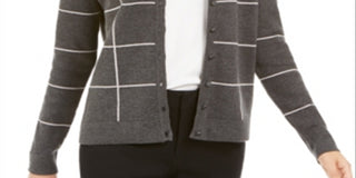Charter Club Women's Windowpane Button Cardigan  - Charcoal Heather Combo Gray Size Large
