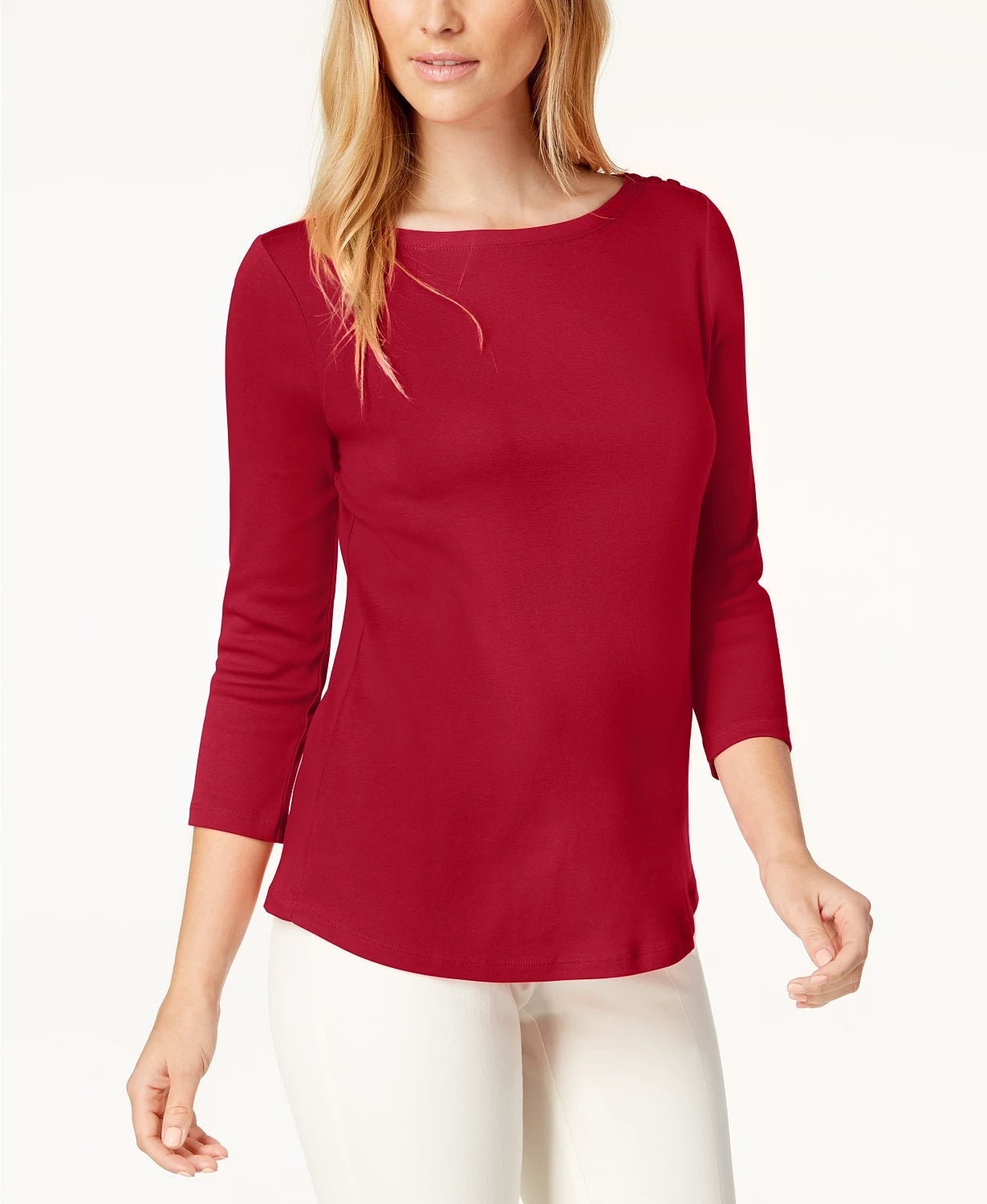 Charter Club Women's Pima Cotton Boat-Neck Button-Shoulder Top  Risky Red Red Size 2XL