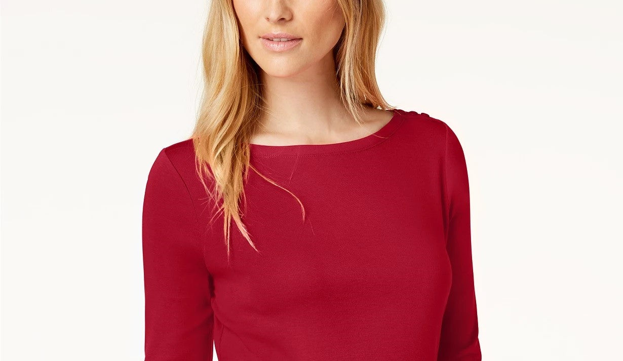 Charter Club Women's Pima Cotton Boat-Neck Button-Shoulder Top  Risky Red Red Size 2XL