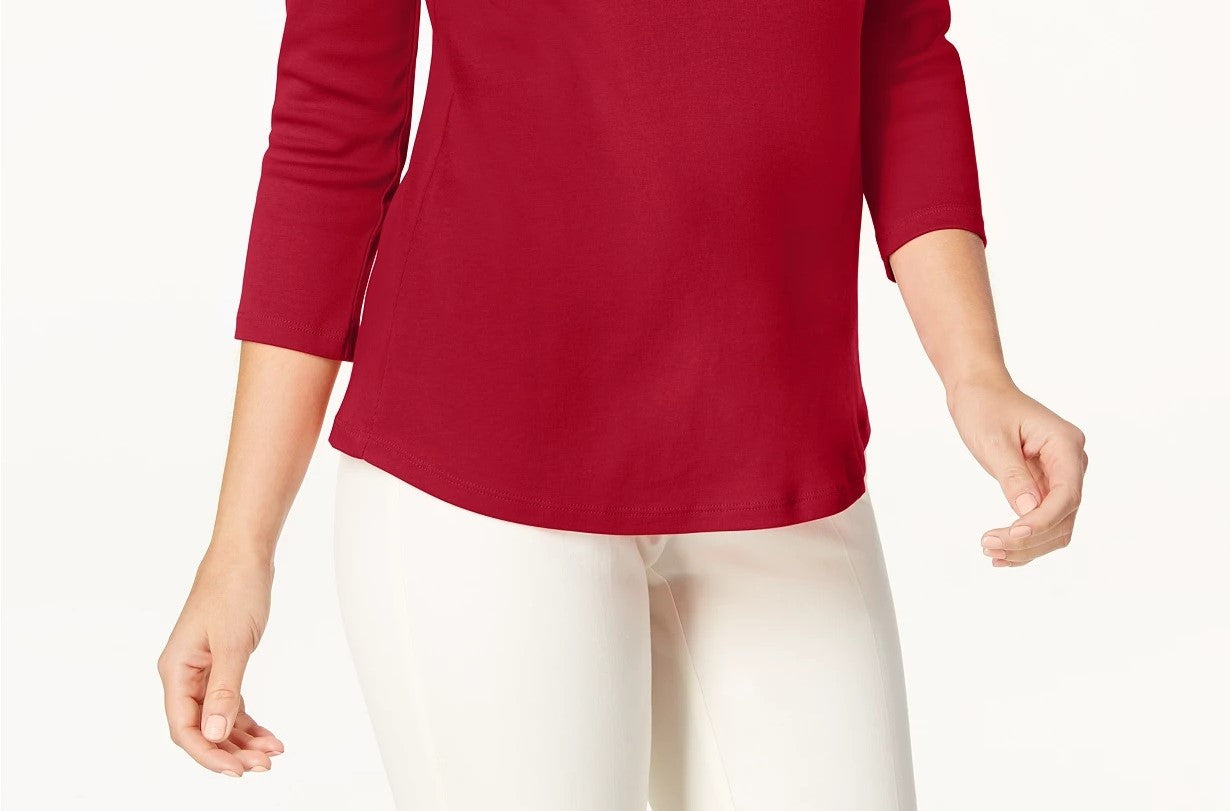 Charter Club Women's Pima Cotton Boat-Neck Button-Shoulder Top  Risky Red Red Size 2XL