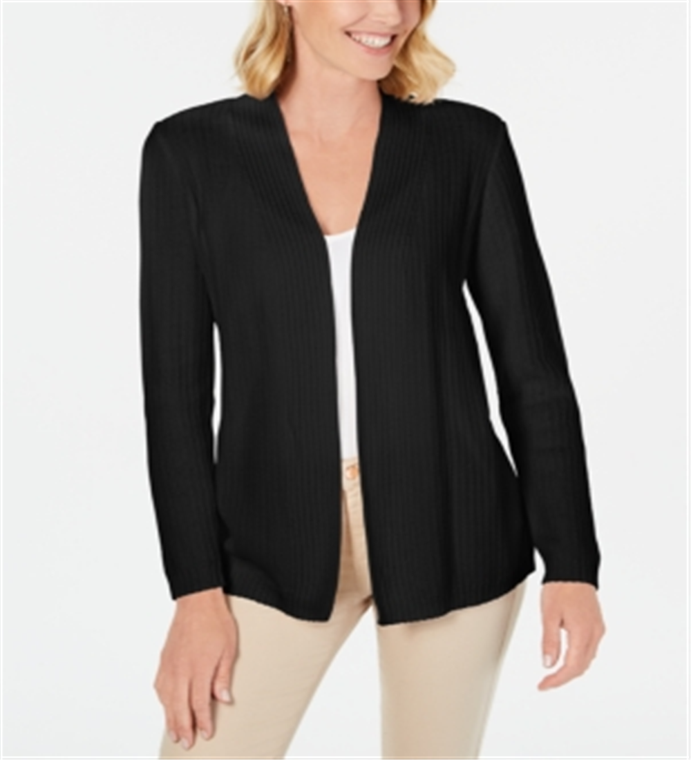 Karen Scott Women's Cotton Textured Cardigan  Deep Black Size XS
