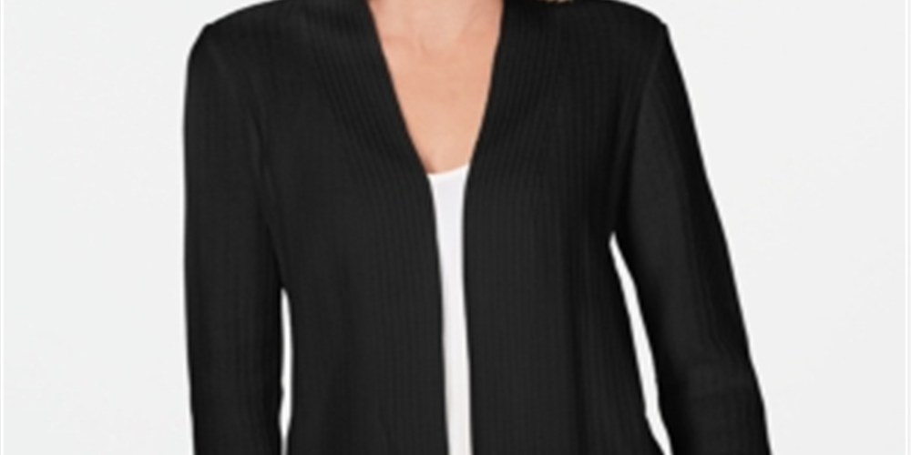 Karen Scott Women's Cotton Textured Cardigan  Deep Black Size XS