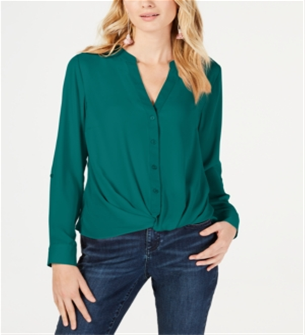 INC International Concepts Women's Twist Front Button up Top Green Size Petite L