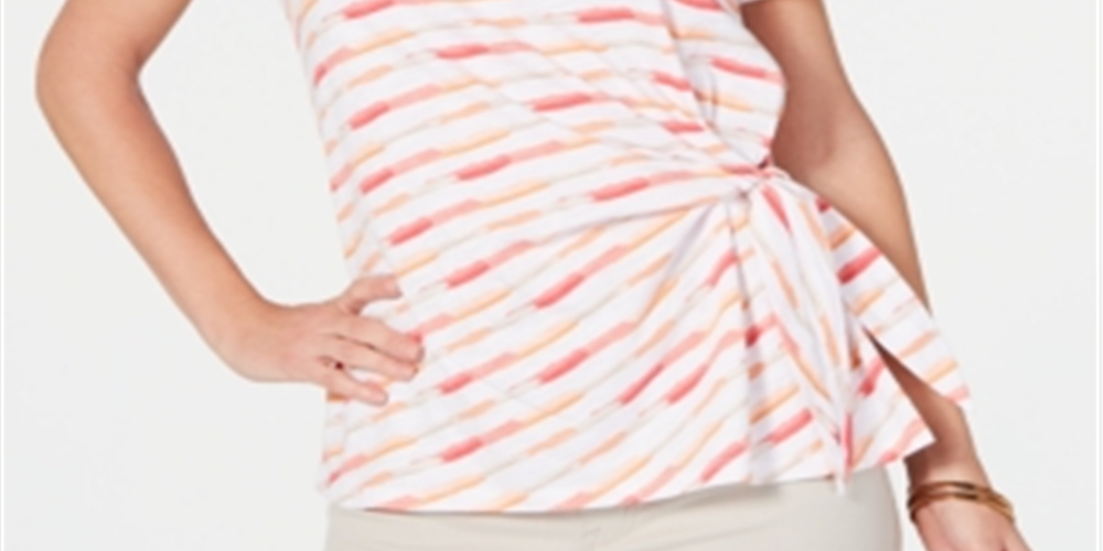 Style & Co Women's Brushstroke Bliss Tie Side Top Pink Size -Petite L