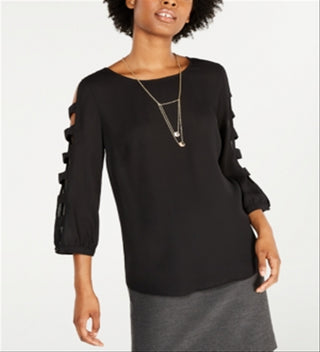 Bcx Juniors' Lattice Long-Sleeved Blouse with Necklace  Black Size Large