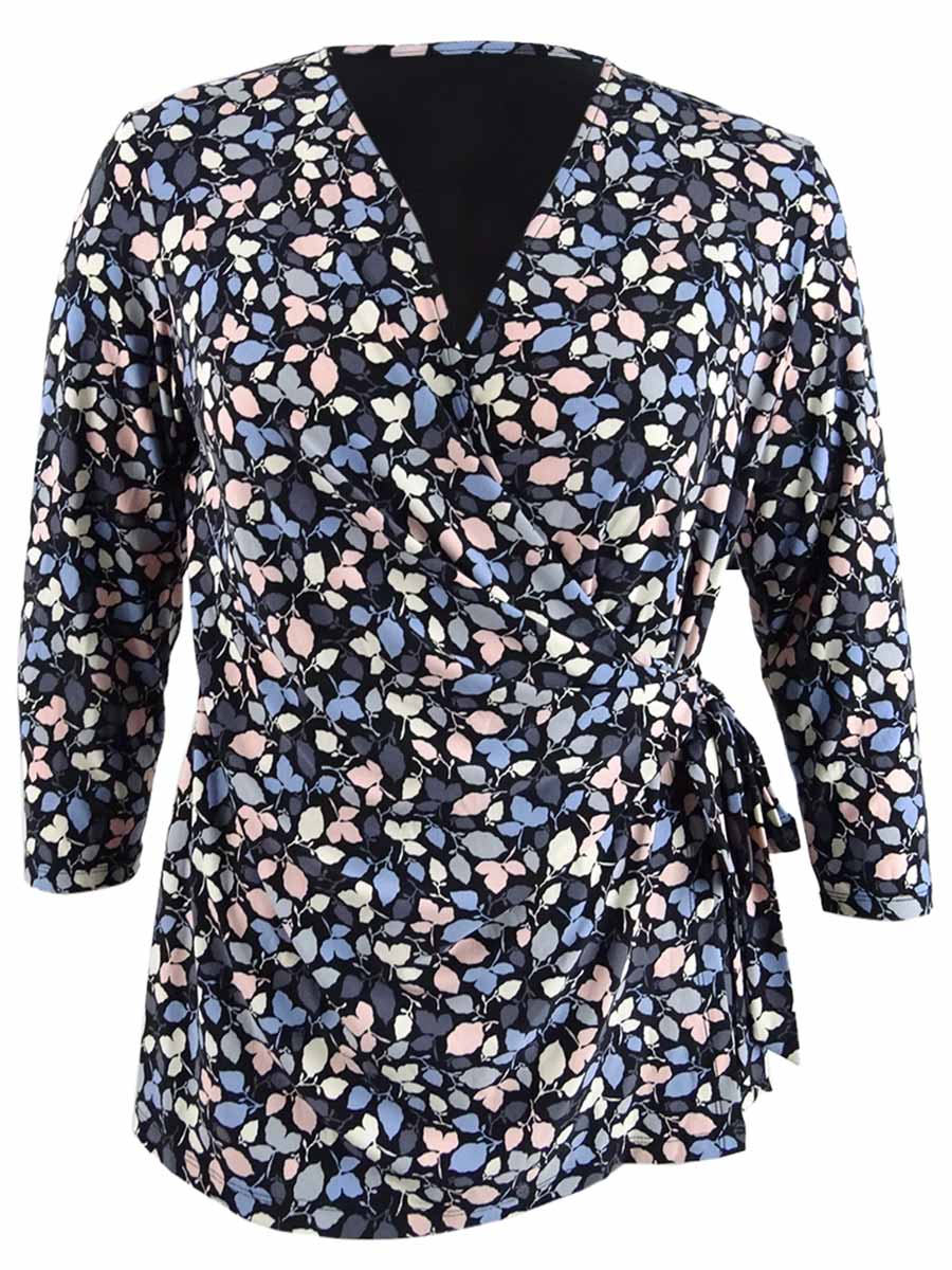 Anne Klein Women's Printed Tie-Waist Top Black/Blue Combo Size XXS