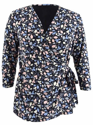 Anne Klein Women's Printed Tie-Waist Top Black/Blue Combo Size XXS