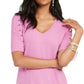 Thalia Sodi Women's Button Detail Short Sleeve V Neck Top Pink Size X-Large