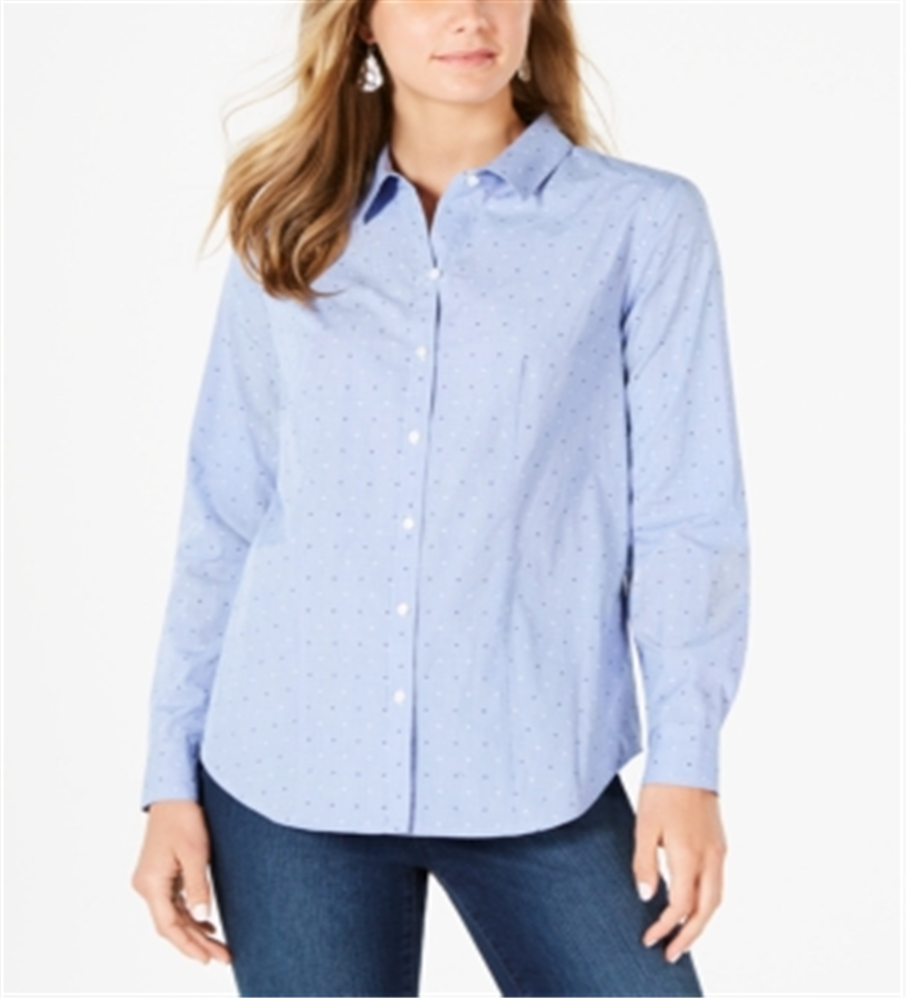 Charter Club Women's Check Print Pindot Button-Down Top Blue Size 4