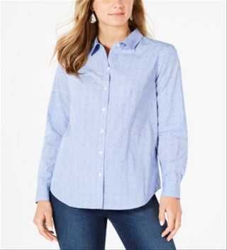 Charter Club Women's Check Print Pindot Button-Down Top Blue Size 4