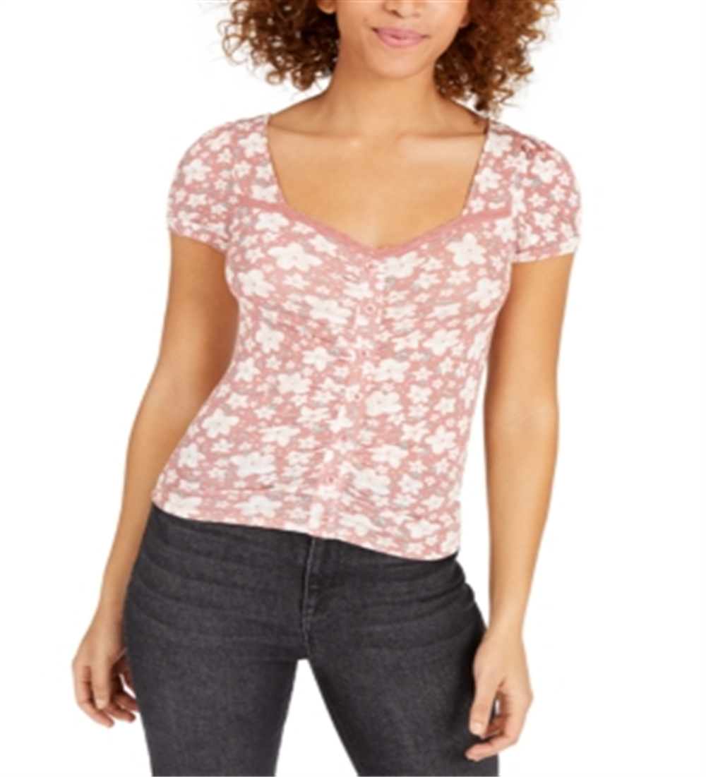 Planet Gold Juniors' Printed Puff-Sleeve Crop Top Red Size Medium