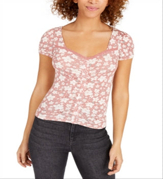 Planet Gold Juniors' Printed Puff-Sleeve Crop Top Red Size Medium