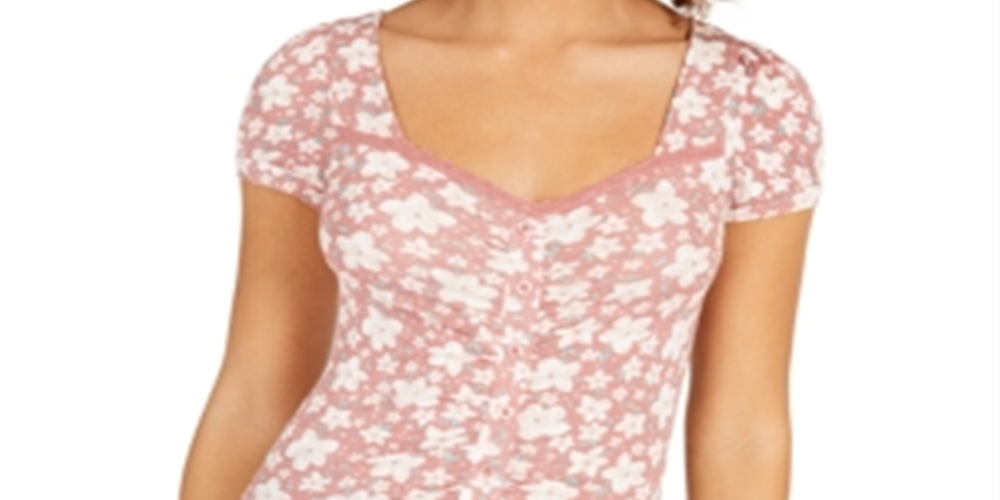 Planet Gold Juniors' Printed Puff-Sleeve Crop Top Red Size Medium