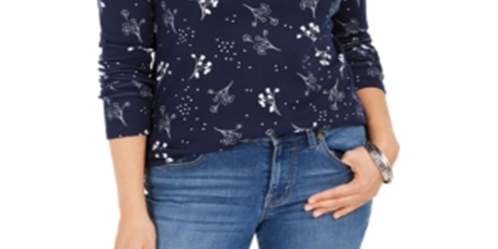 Charter Club Women's Printed Pima Cotton Top Blue Size S