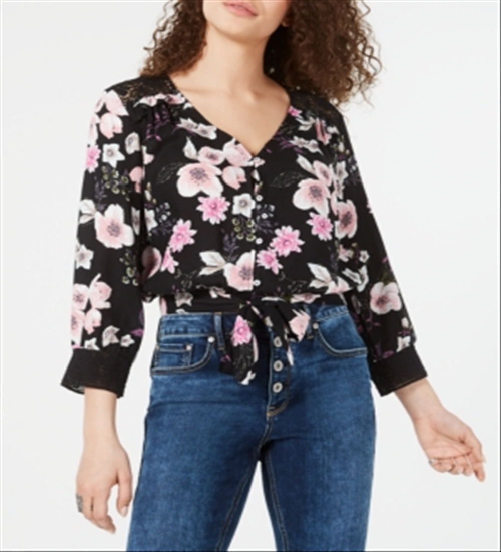 American Rag Junior's Floral Print Tie Hem Top  Black Size Small