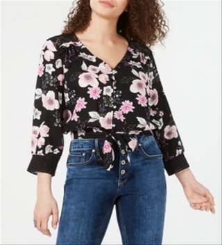 American Rag Junior's Floral Print Tie Hem Top  Black Size Small