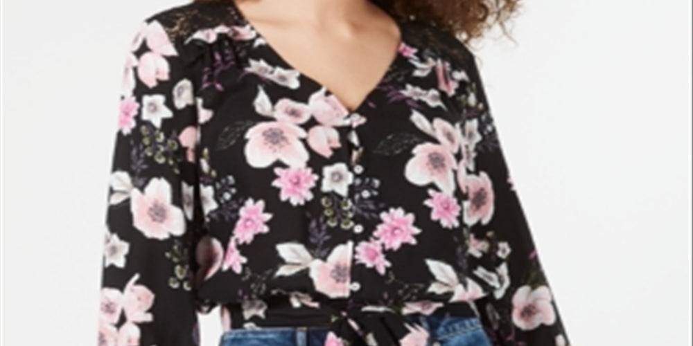 American Rag Junior's Floral Print Tie Hem Top  Black Size Small