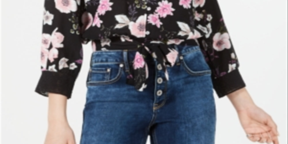 American Rag Junior's Floral Print Tie Hem Top  Black Size Small