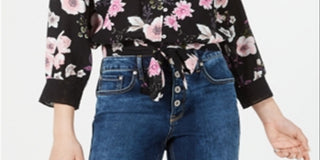 American Rag Junior's Floral Print Tie Hem Top  Black Size Small