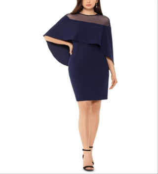 Betsy Adam Women's  Zippered Overlay Sleeves Illusion Neckline Above the Knee Evening Body Con Dress Navy Size 4