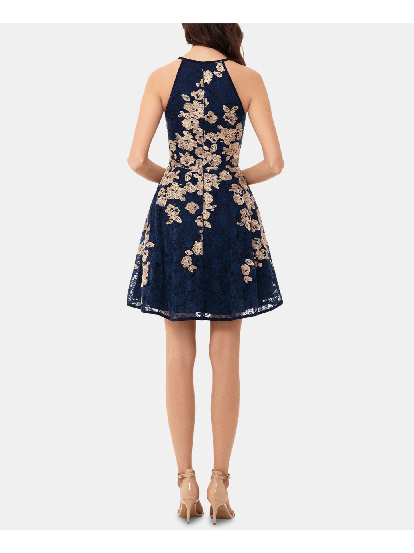 Xscape Women's Floral Sleeveless Halter Short Fit Flare Cocktail Dress Blue Size 10Petite