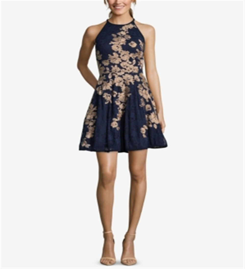 Xscape Women's Floral Sleeveless Halter Short Fit Flare Cocktail Dress Blue Size 10Petite